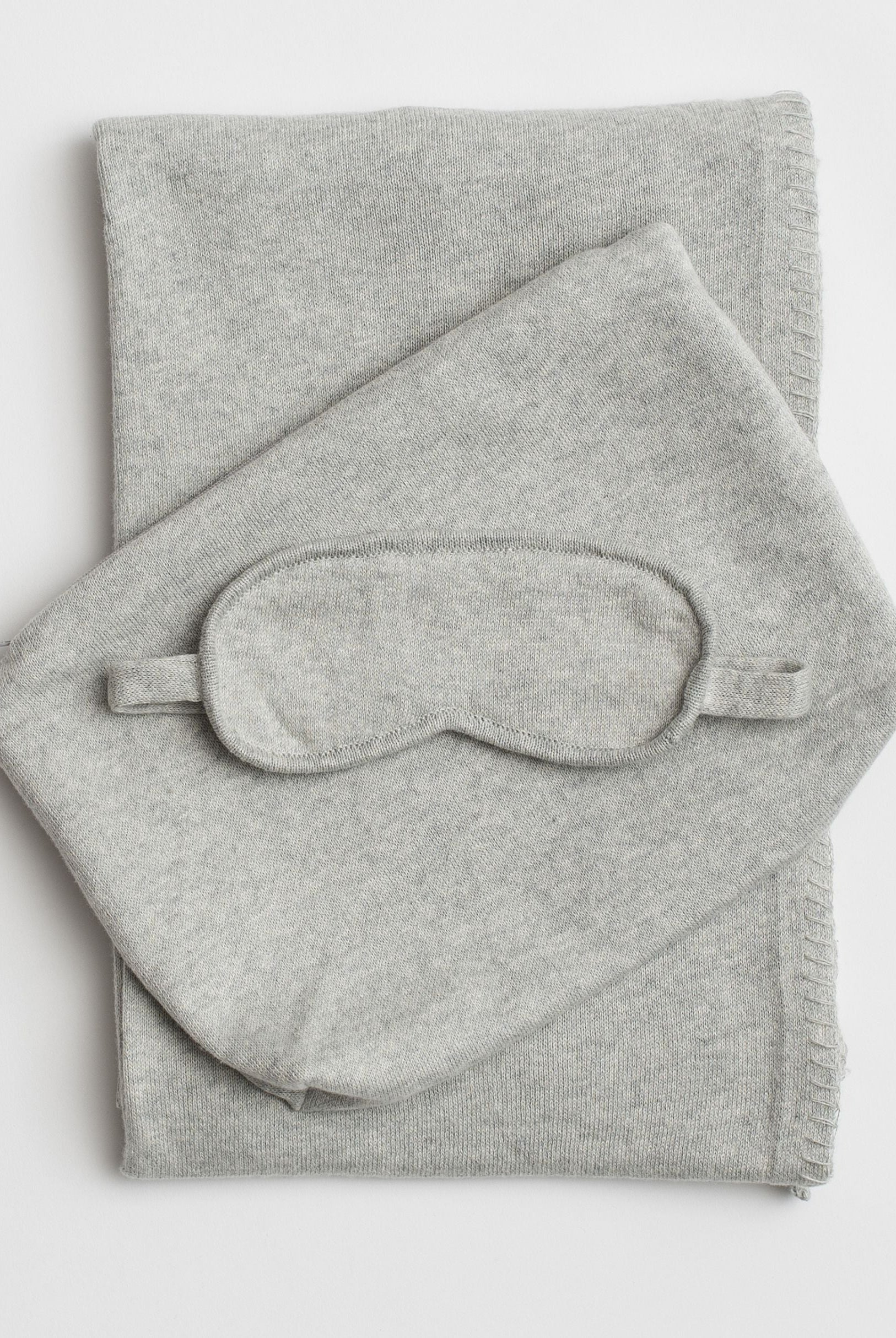 Light Gray Travel Set shown with blanket,  carry pouch and eye mask